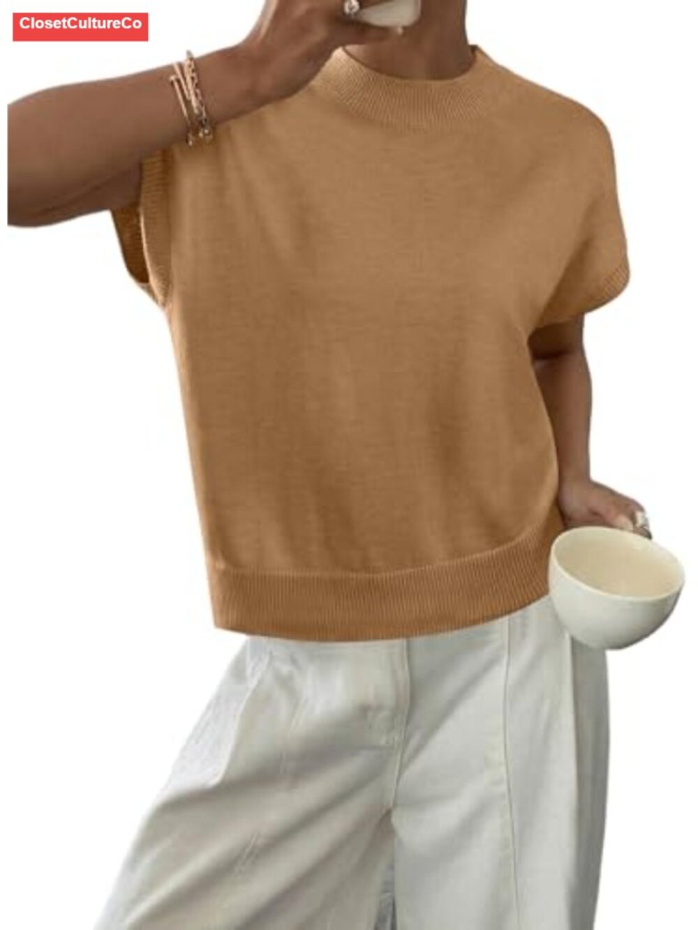 Cap Sleeve Sweater Tank Top Loose Fit Knit Pullover Crewneck